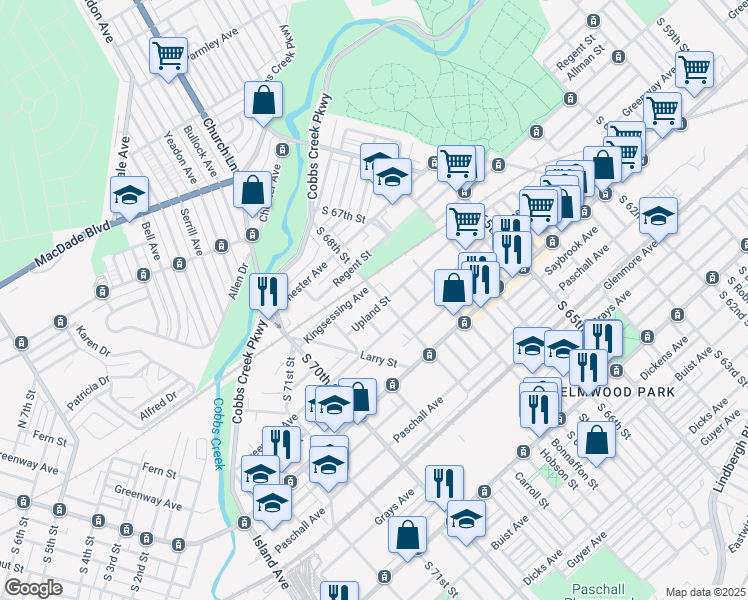 map of restaurants, bars, coffee shops, grocery stores, and more near 6839 Upland Street in Philadelphia