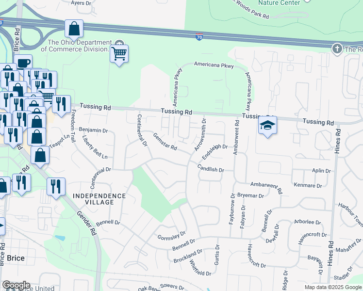 map of restaurants, bars, coffee shops, grocery stores, and more near 6887 Gemstar Road in Reynoldsburg