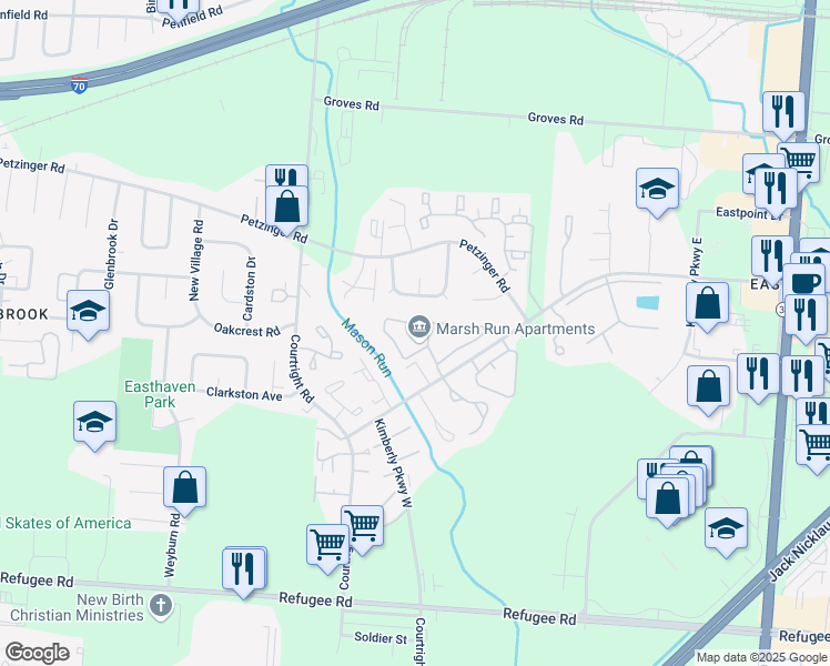 map of restaurants, bars, coffee shops, grocery stores, and more near 2468 Hudson Bay Way in Columbus