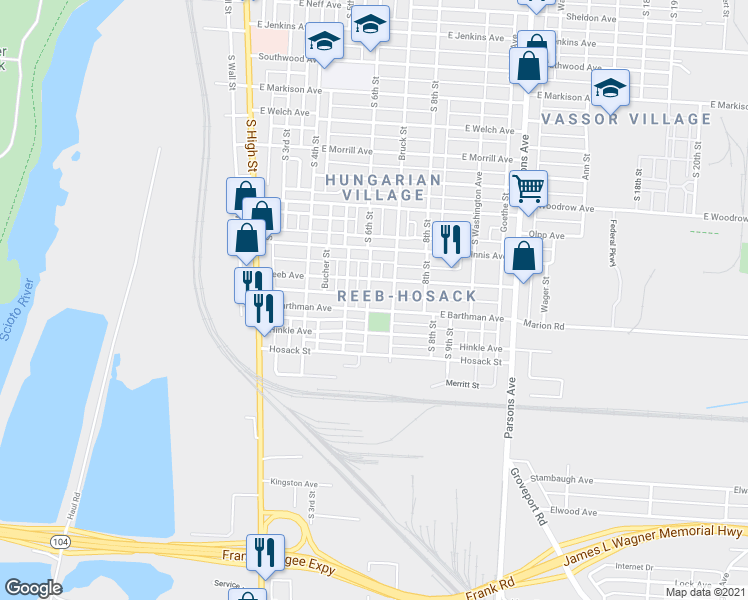 map of restaurants, bars, coffee shops, grocery stores, and more near 1876 South 6th Street in Columbus