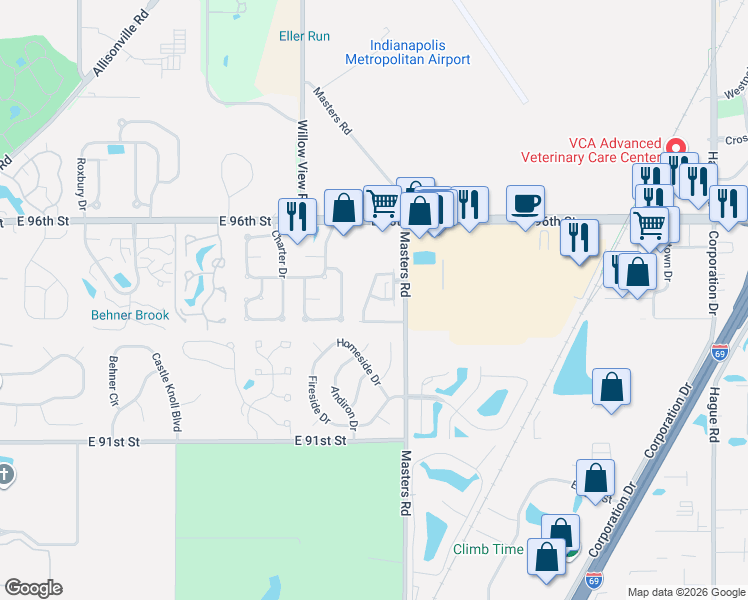 map of restaurants, bars, coffee shops, grocery stores, and more near 6924 Vistamere Way in Indianapolis