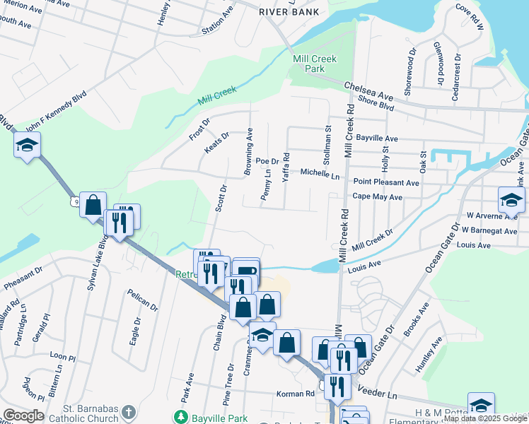 map of restaurants, bars, coffee shops, grocery stores, and more near 16 Jonathan Drive in Berkeley Township