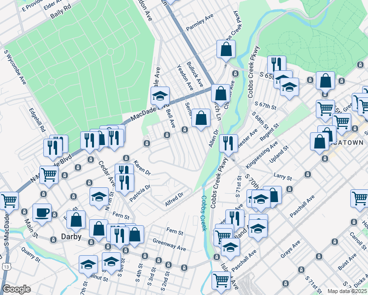 map of restaurants, bars, coffee shops, grocery stores, and more near 1115 Bell Avenue in Yeadon