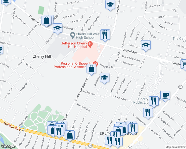 map of restaurants, bars, coffee shops, grocery stores, and more near 316 Cooper Landing Road in Cherry Hill