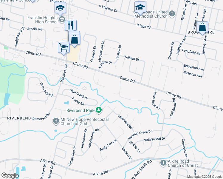 map of restaurants, bars, coffee shops, grocery stores, and more near 3277 Clime Road in Columbus