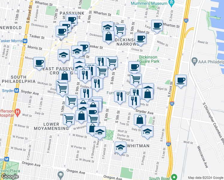 map of restaurants, bars, coffee shops, grocery stores, and more near 1923 South 6th Street in Philadelphia
