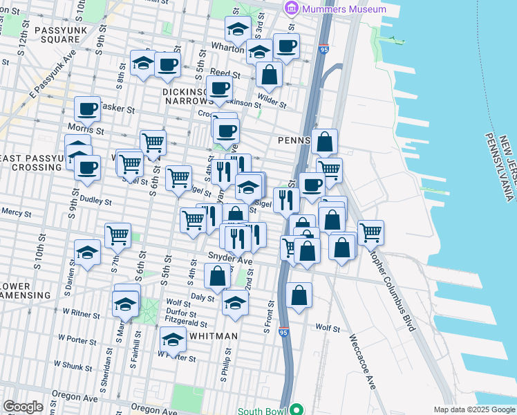 map of restaurants, bars, coffee shops, grocery stores, and more near 163 Mifflin Street in Philadelphia