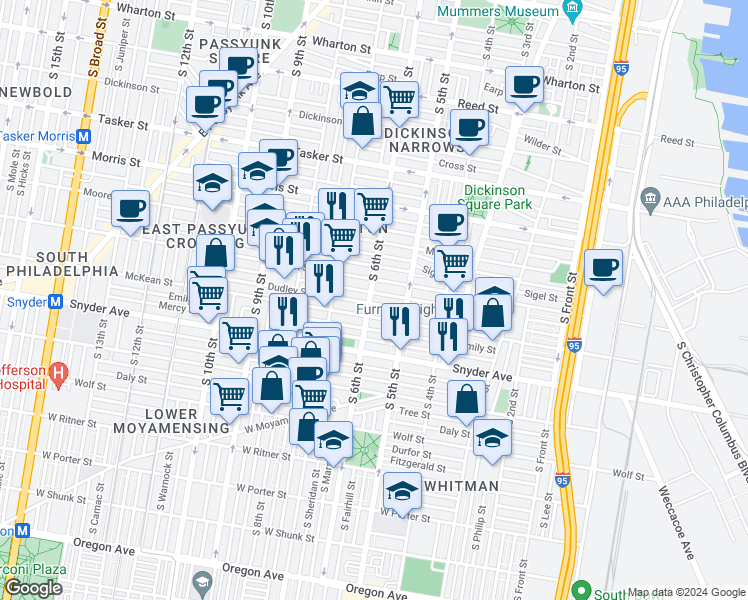 map of restaurants, bars, coffee shops, grocery stores, and more near 1923 South 6th Street in Philadelphia