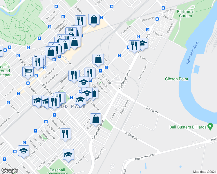 map of restaurants, bars, coffee shops, grocery stores, and more near 2607 South Dewey Street in Philadelphia