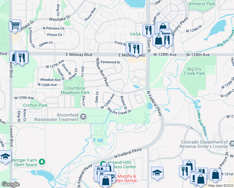 map of restaurants, bars, coffee shops, grocery stores, and more near 12549 Bryant Street in Broomfield