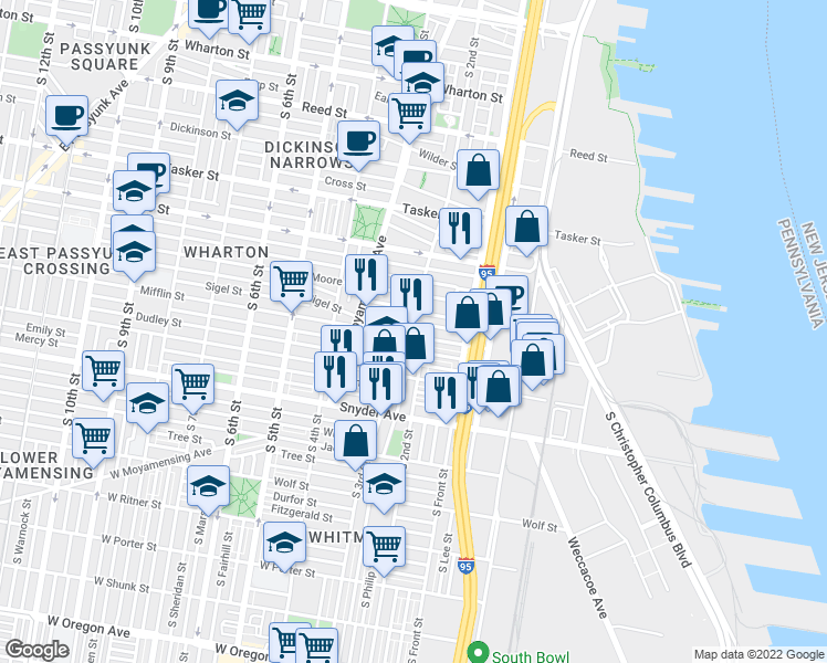 map of restaurants, bars, coffee shops, grocery stores, and more near 1841 South 2nd Street in Philadelphia
