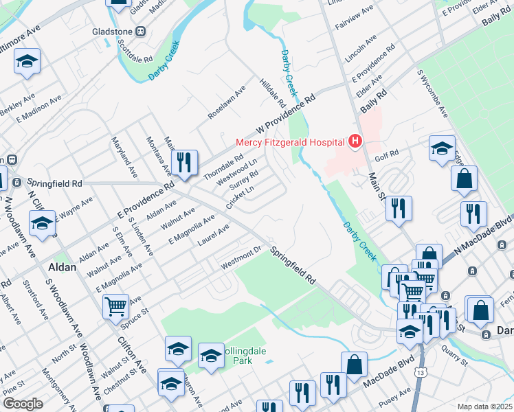 map of restaurants, bars, coffee shops, grocery stores, and more near 727 West Penn Pines Boulevard in Aldan