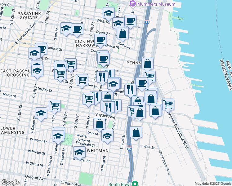 map of restaurants, bars, coffee shops, grocery stores, and more near 1841 South 2nd Street in Philadelphia