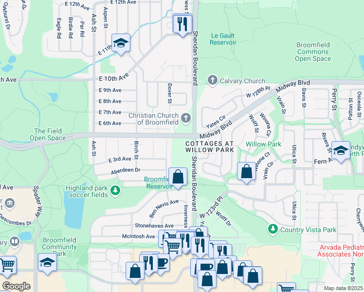 map of restaurants, bars, coffee shops, grocery stores, and more near 1246 East Midway Boulevard in Broomfield