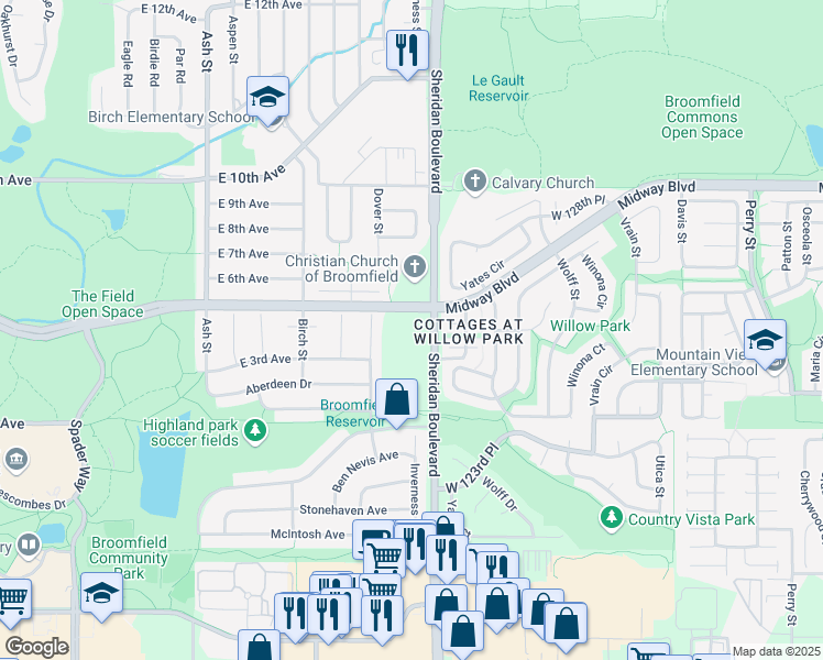 map of restaurants, bars, coffee shops, grocery stores, and more near 12565 Sheridan Boulevard in Broomfield