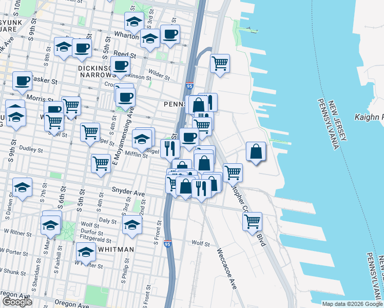 map of restaurants, bars, coffee shops, grocery stores, and more near 1 Mifflin Street in Philadelphia