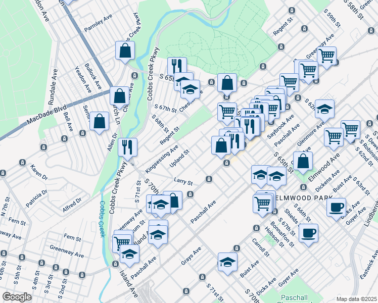 map of restaurants, bars, coffee shops, grocery stores, and more near 2031 South 68th Street in Philadelphia