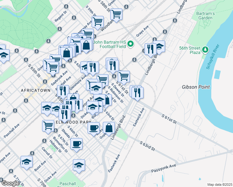 map of restaurants, bars, coffee shops, grocery stores, and more near 2559 South Robinson Street in Philadelphia
