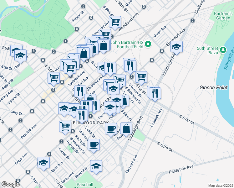 map of restaurants, bars, coffee shops, grocery stores, and more near 6218 Elmwood Avenue in Philadelphia