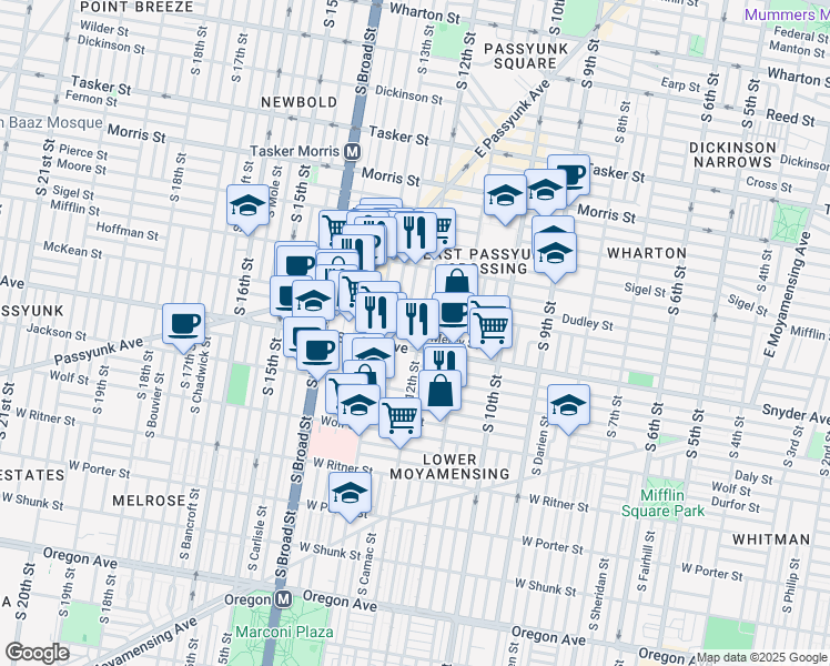 map of restaurants, bars, coffee shops, grocery stores, and more near 1215 Snyder Avenue in Philadelphia