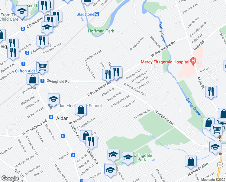 map of restaurants, bars, coffee shops, grocery stores, and more near 424 Aldan Avenue in Aldan