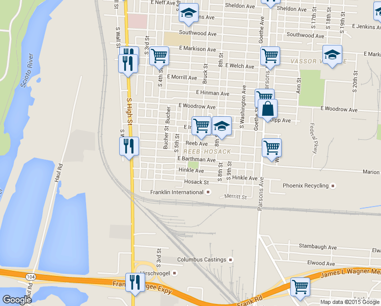 map of restaurants, bars, coffee shops, grocery stores, and more near 1876 South 6th Street in Columbus
