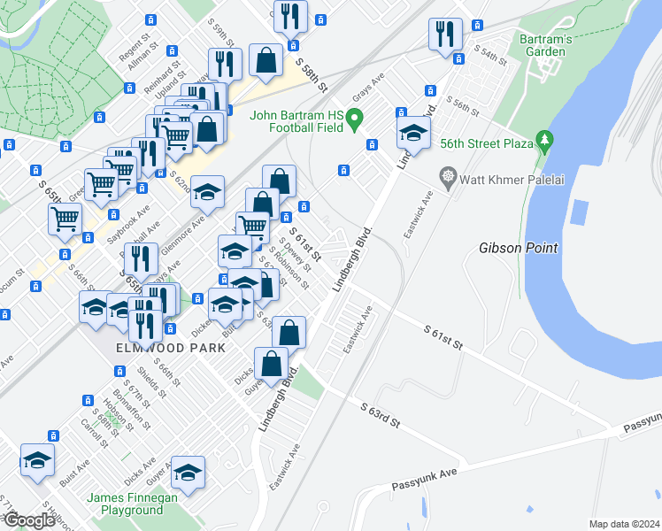 map of restaurants, bars, coffee shops, grocery stores, and more near 2629 South 61st Street in Philadelphia