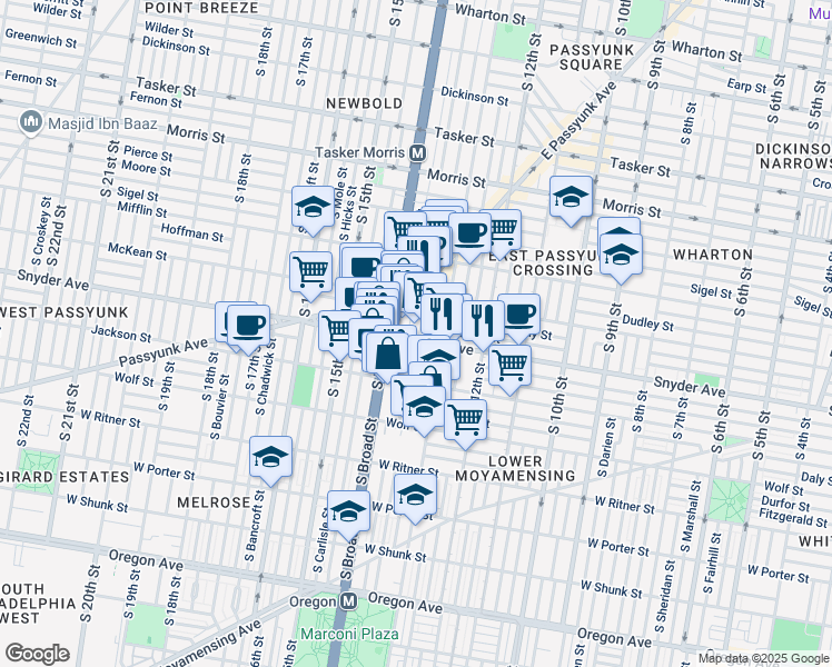 map of restaurants, bars, coffee shops, grocery stores, and more near 1311 East Snyder Avenue in Philadelphia
