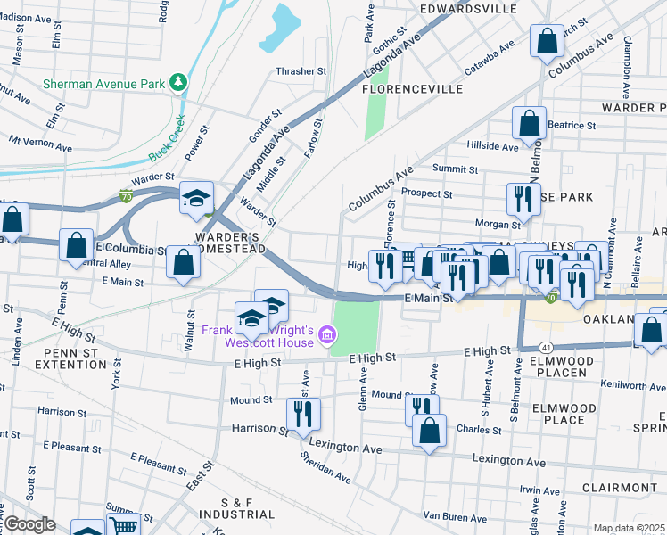 map of restaurants, bars, coffee shops, grocery stores, and more near 35 North Greenmount Avenue in Springfield