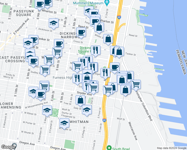 map of restaurants, bars, coffee shops, grocery stores, and more near 1839 South 2nd Street in Philadelphia