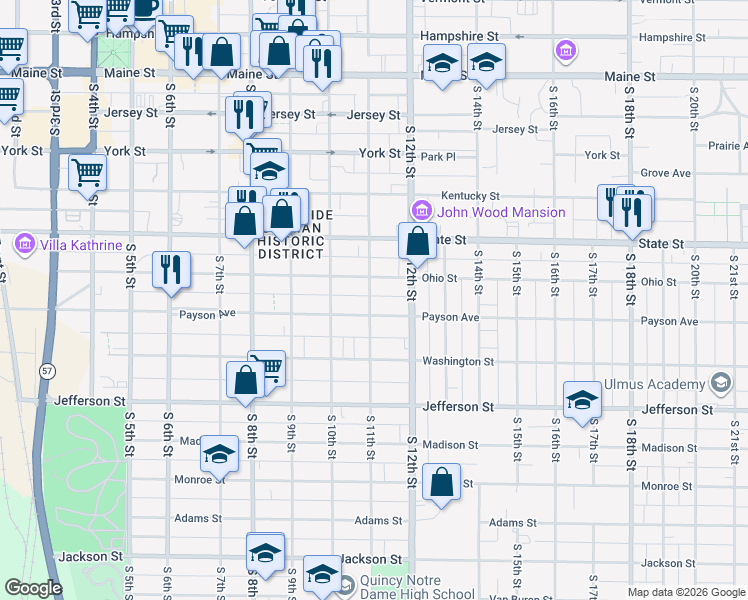 map of restaurants, bars, coffee shops, grocery stores, and more near 1109 Payson Avenue in Quincy