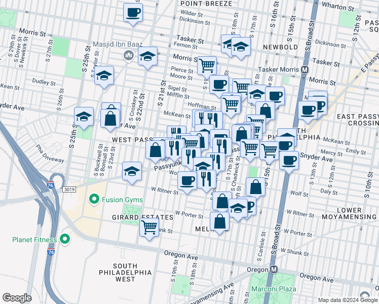 map of restaurants, bars, coffee shops, grocery stores, and more near 1909 Jackson Street in Philadelphia