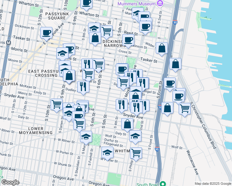 map of restaurants, bars, coffee shops, grocery stores, and more near 413 Hoffman Street in Philadelphia