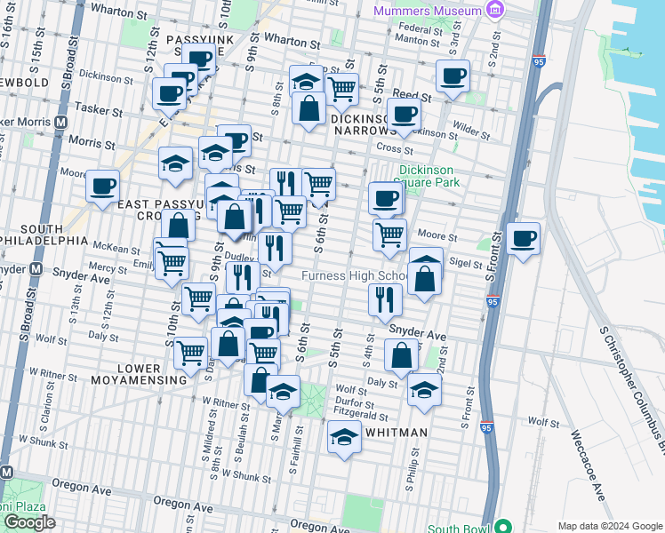 map of restaurants, bars, coffee shops, grocery stores, and more near 520 Hoffman Street in Philadelphia