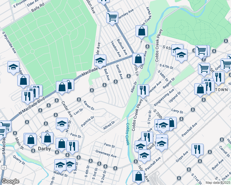 map of restaurants, bars, coffee shops, grocery stores, and more near 1115 Bell Avenue in Yeadon