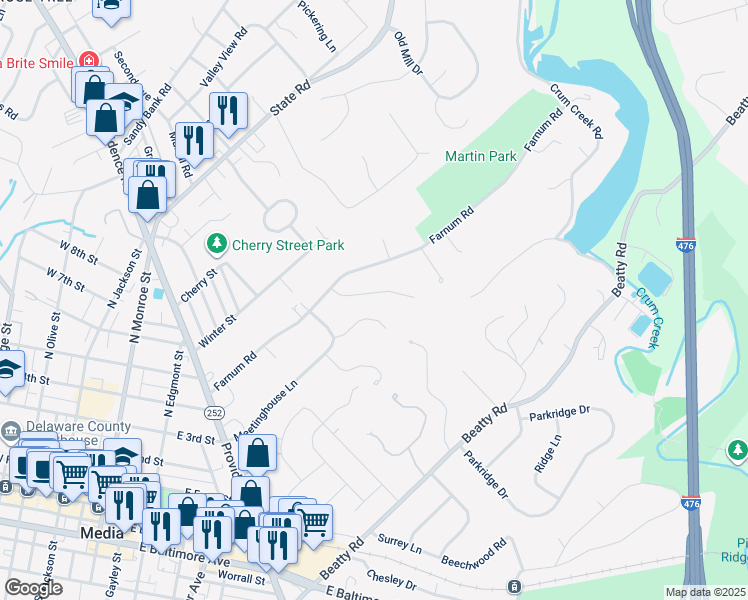 map of restaurants, bars, coffee shops, grocery stores, and more near 524 Spring Hollow Lane in Media