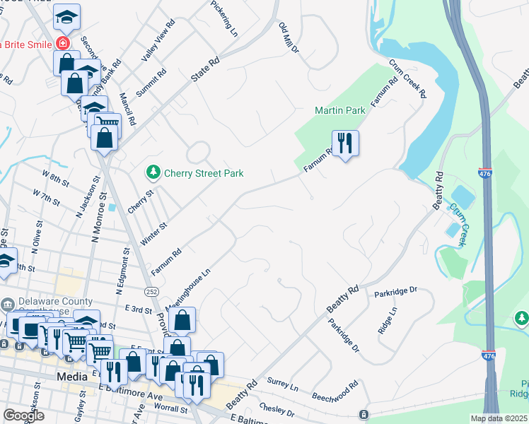 map of restaurants, bars, coffee shops, grocery stores, and more near 524 Spring Hollow Lane in Media
