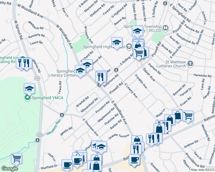 map of restaurants, bars, coffee shops, grocery stores, and more near 347 Ballymore Road in Springfield