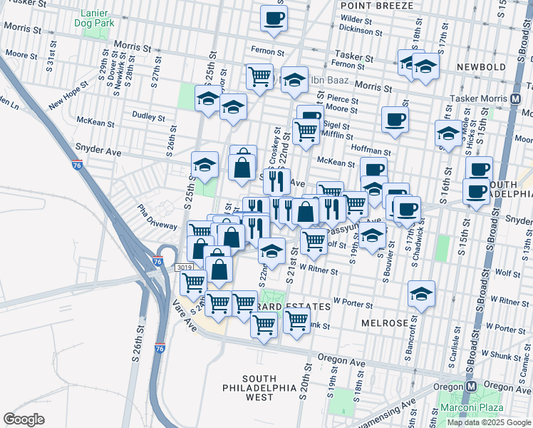 map of restaurants, bars, coffee shops, grocery stores, and more near 2217 South Croskey Street in Philadelphia