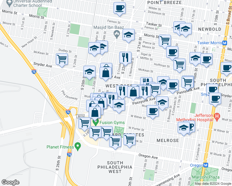 map of restaurants, bars, coffee shops, grocery stores, and more near 2217 South Croskey Street in Philadelphia