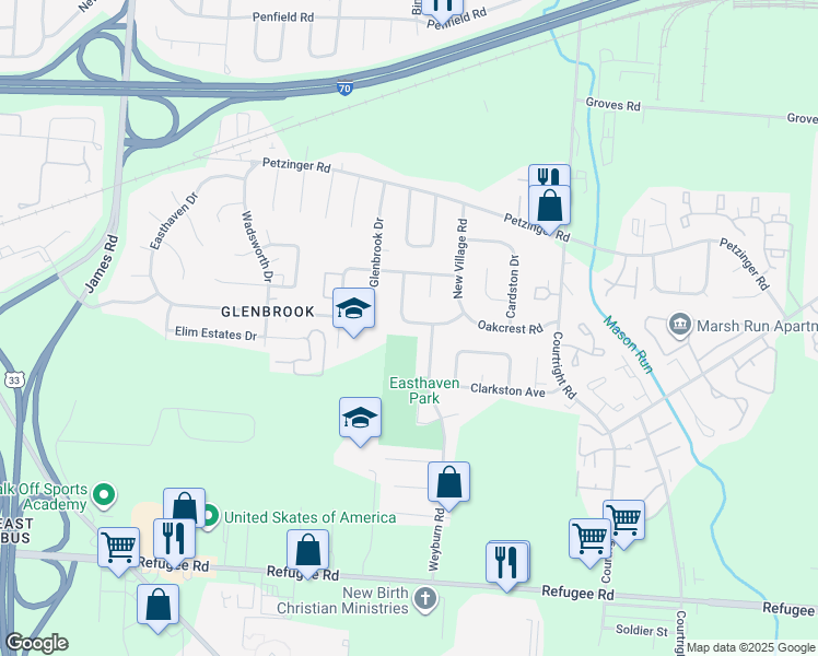 map of restaurants, bars, coffee shops, grocery stores, and more near 3293 Kenaston Drive in Columbus