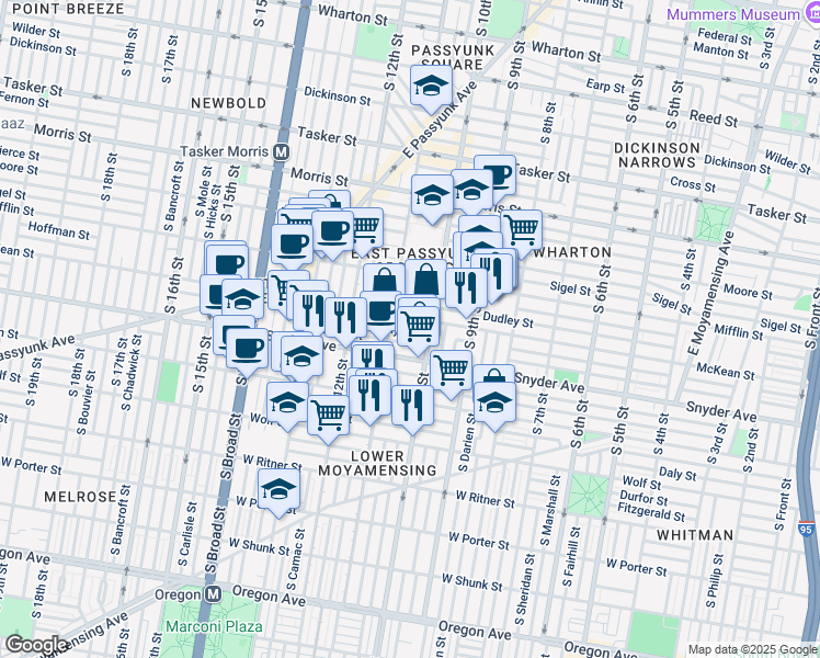 map of restaurants, bars, coffee shops, grocery stores, and more near 1027 Emily Street in Philadelphia