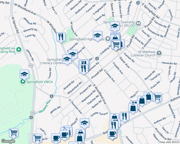 map of restaurants, bars, coffee shops, grocery stores, and more near 347 Ballymore Road in Springfield