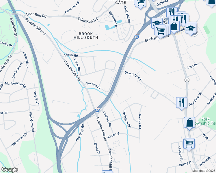 map of restaurants, bars, coffee shops, grocery stores, and more near 107 Fox Run Drive in York