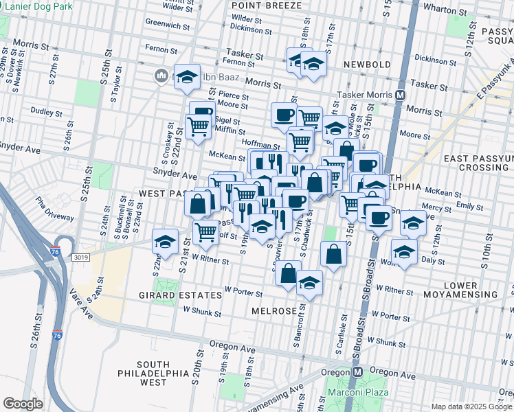 map of restaurants, bars, coffee shops, grocery stores, and more near 2138 Dorrance Street in Philadelphia