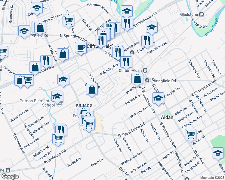 map of restaurants, bars, coffee shops, grocery stores, and more near 142 Willowbrook Road in Clifton Heights