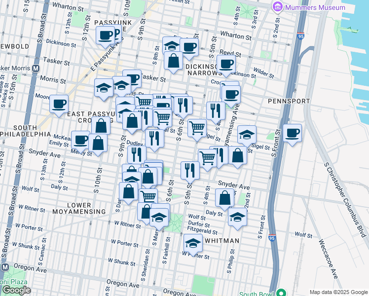 map of restaurants, bars, coffee shops, grocery stores, and more near 526 Hoffman Street in Philadelphia