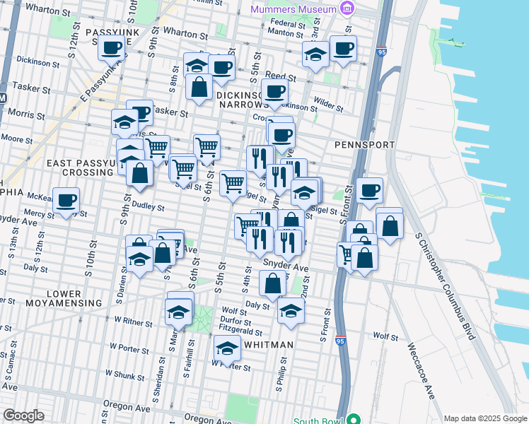 map of restaurants, bars, coffee shops, grocery stores, and more near 308 Mifflin Street in Philadelphia