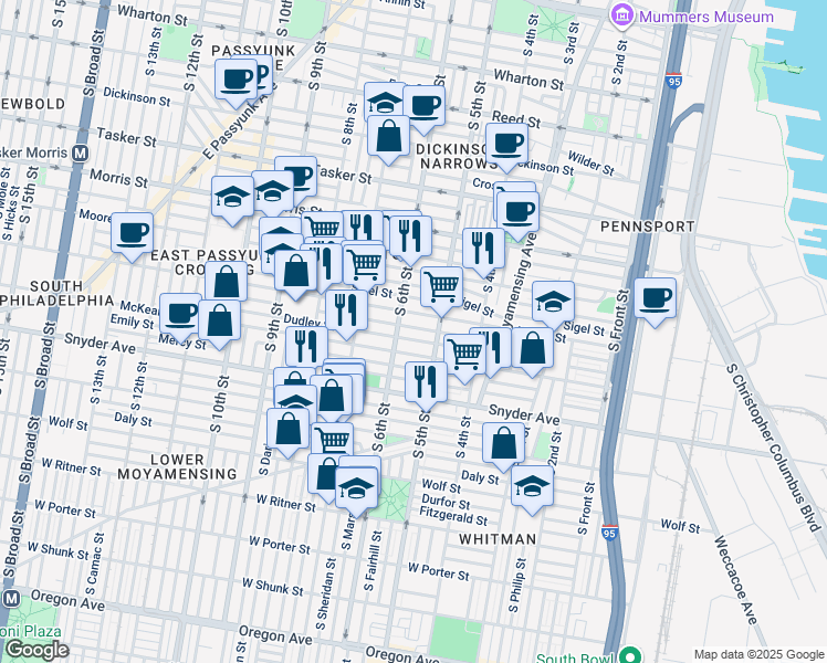 map of restaurants, bars, coffee shops, grocery stores, and more near 526 Hoffman Street in Philadelphia