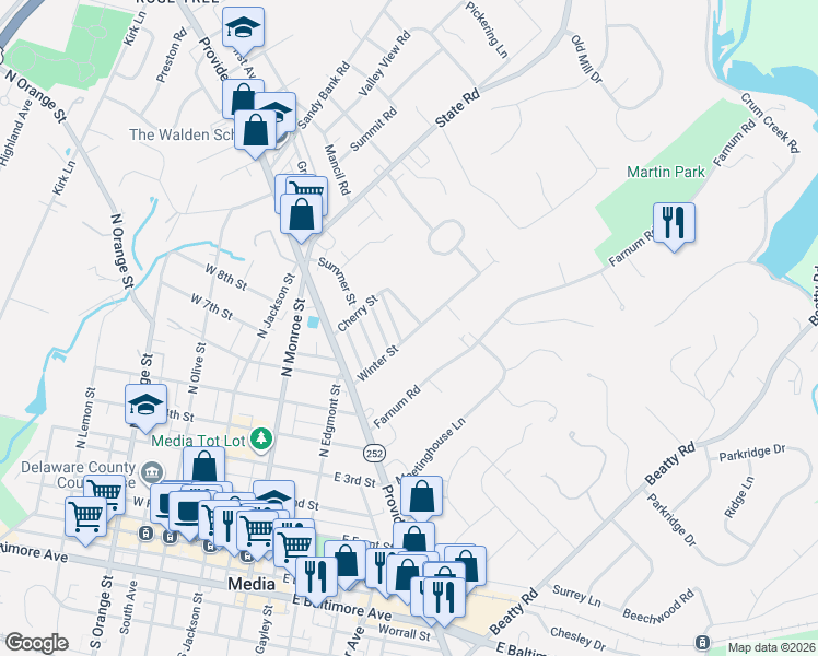 map of restaurants, bars, coffee shops, grocery stores, and more near 105 Winter Street in Media
